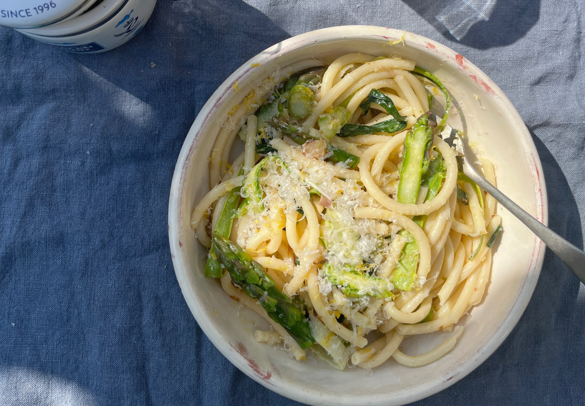 Smoky Asparagus + Wild Garlic Bucatini With Almonds