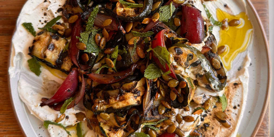 Grilled Courgettes and Red Onion with Whipped Black Pepper Ricotta