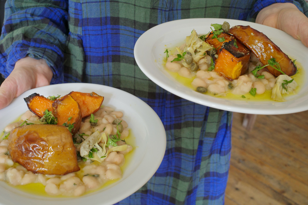 Jess Dennison's roast pumpkin & wine-braised beans