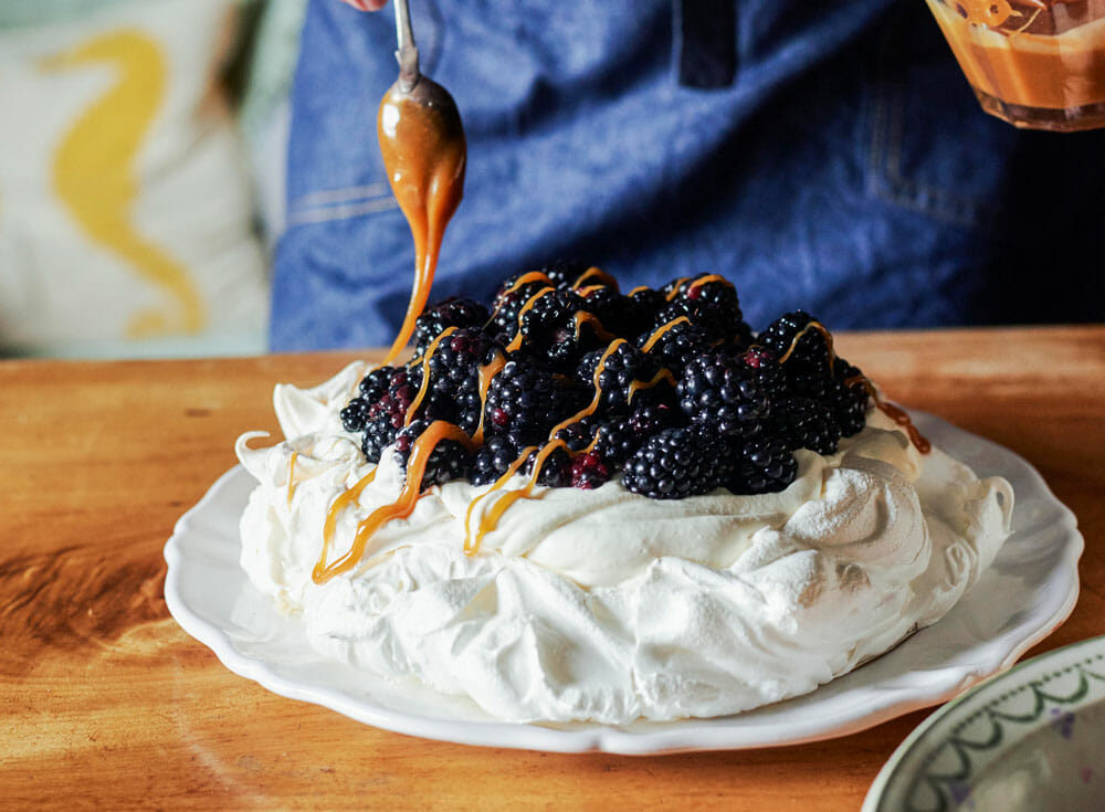 Blackberry Pavlova With Homemade Salted Caramel Sauce