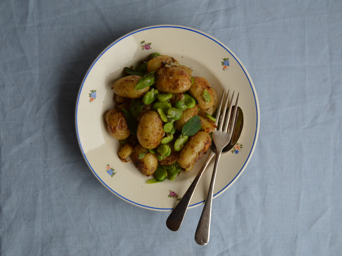 Crispy Pembrokeshire Earlies With Broad Beans, Mustard + Celery Salt