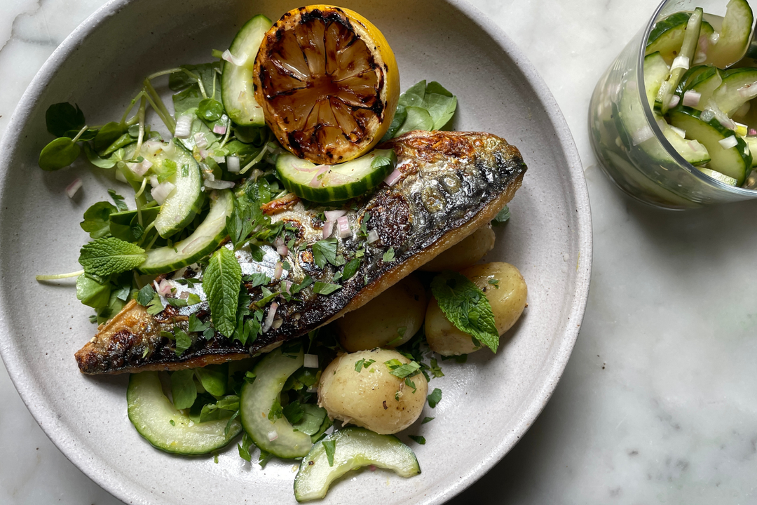 BBQ Mackerel With Quick Pickled Cucumbers And Charred Lemon Salad