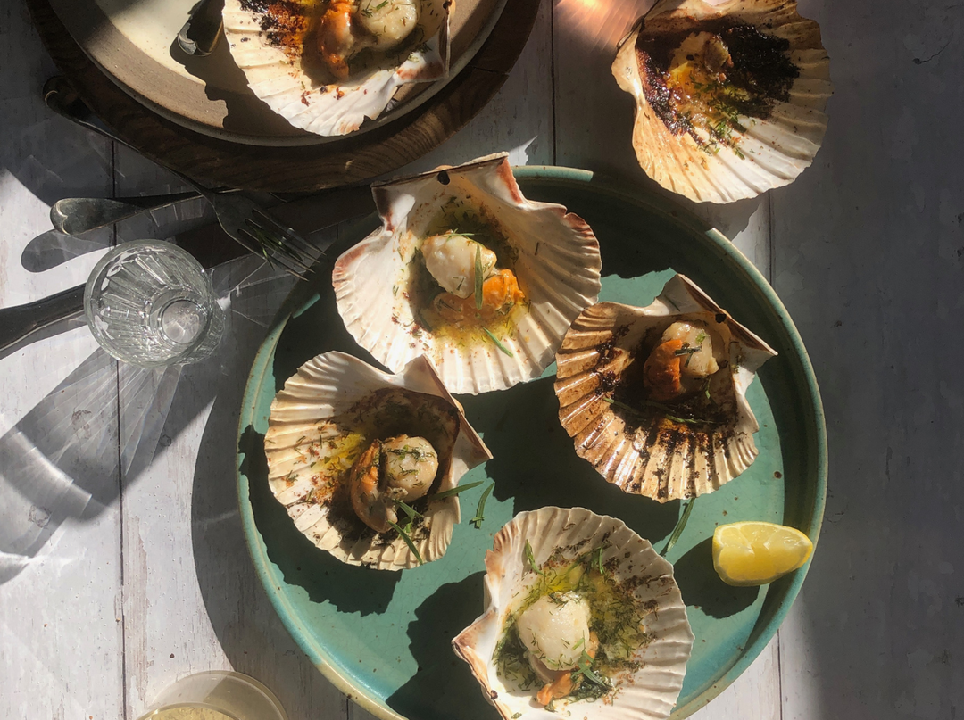 Smoky Scallops In The Shell With Tarragon And Basil Butter