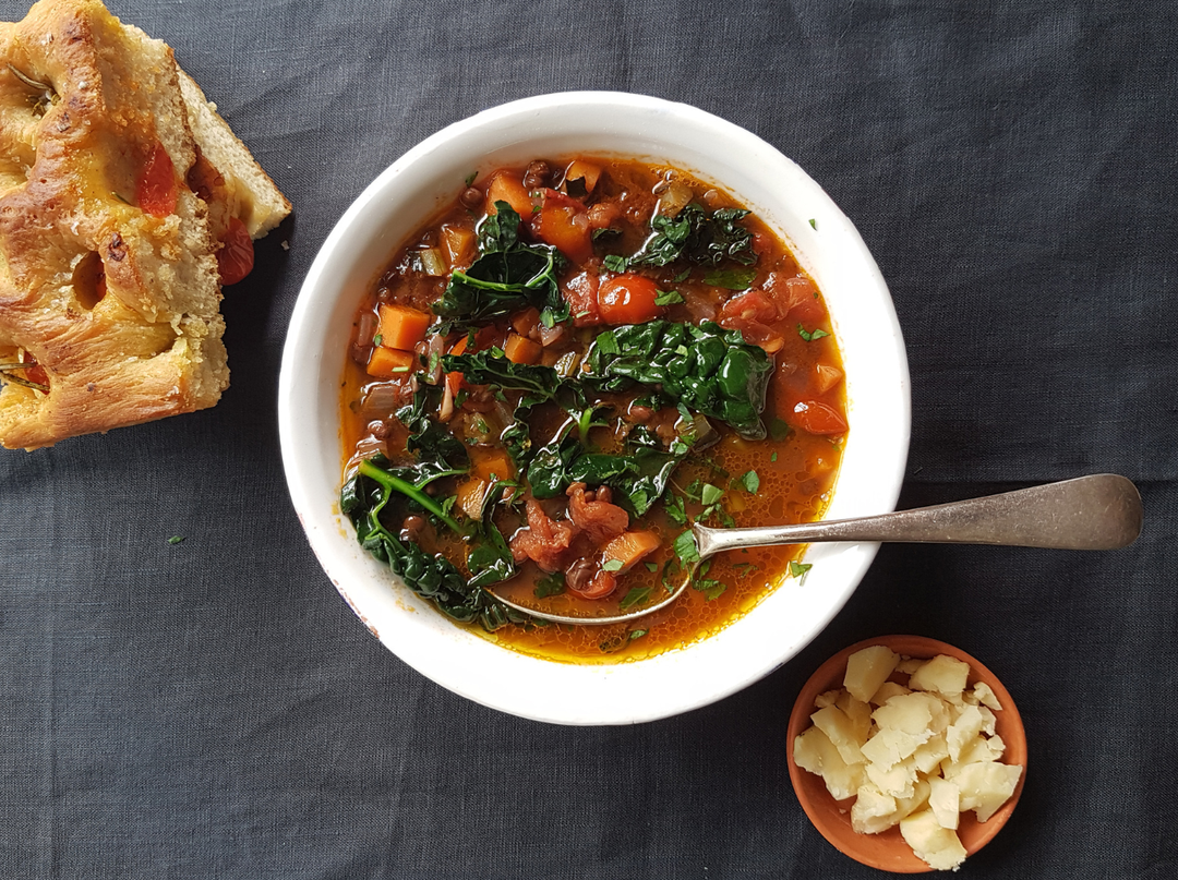 Smoky Lentil + Tomato Soup With Cavolo Nero