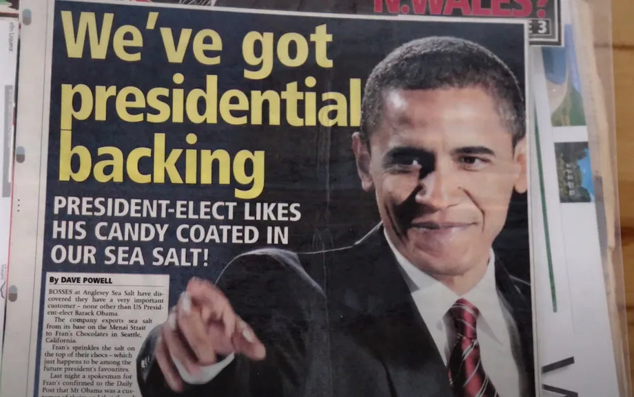 Newspaper headline about President Obama and Halen Môn