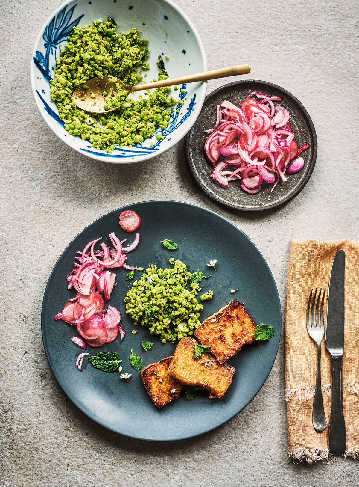 Cured tofu with minty peas and pickles