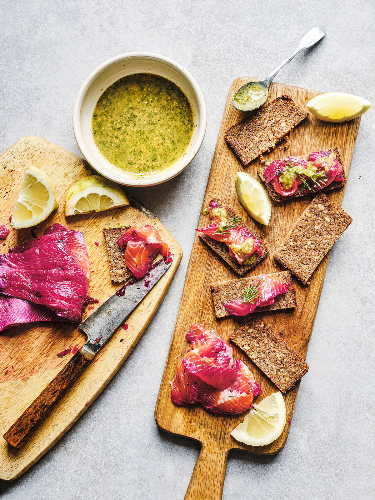 Trout gravadlax, cured and sliced