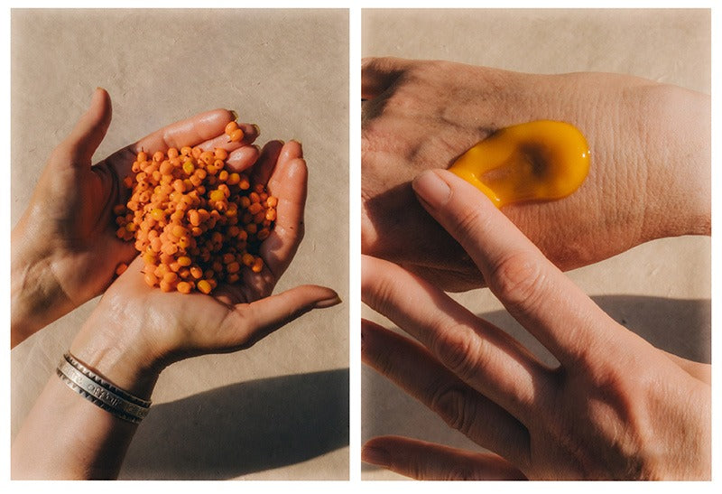 Natural skincare ingredients and balm being applied to skin