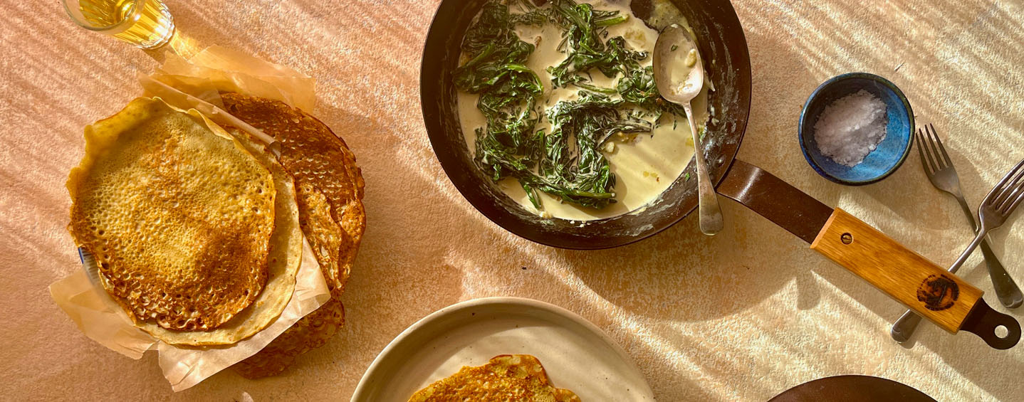 Smoky buckwheat crepes with nutmeglaced spinach Halen Môn