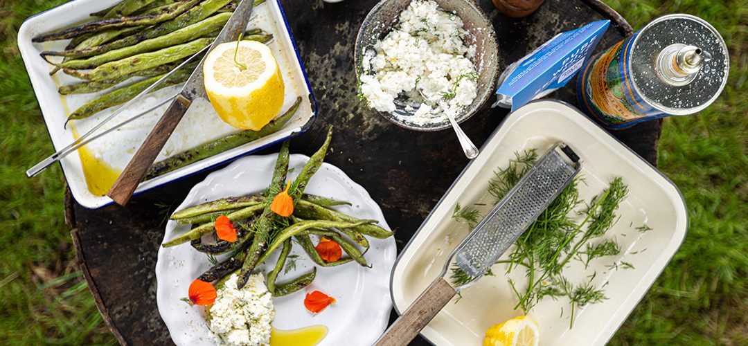 Grilled runner beans with herby ricotta