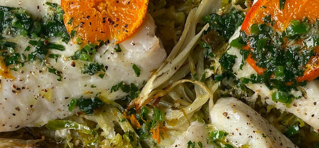 Baked hake with chilli and clementine butter