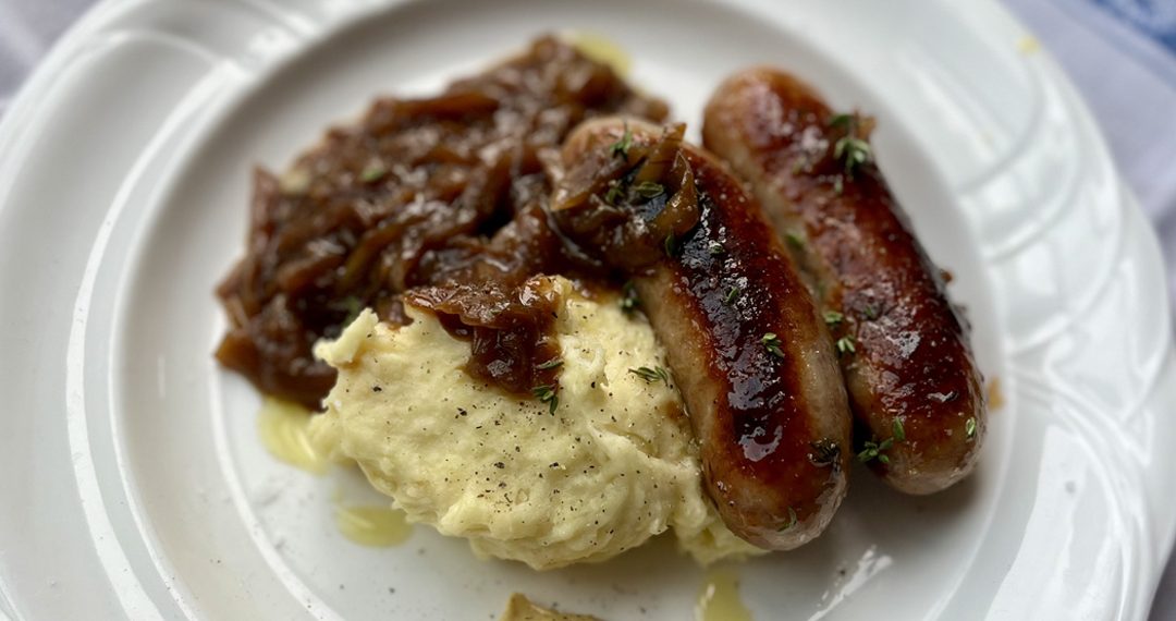 Sausage and mash with smoky onion gravy
