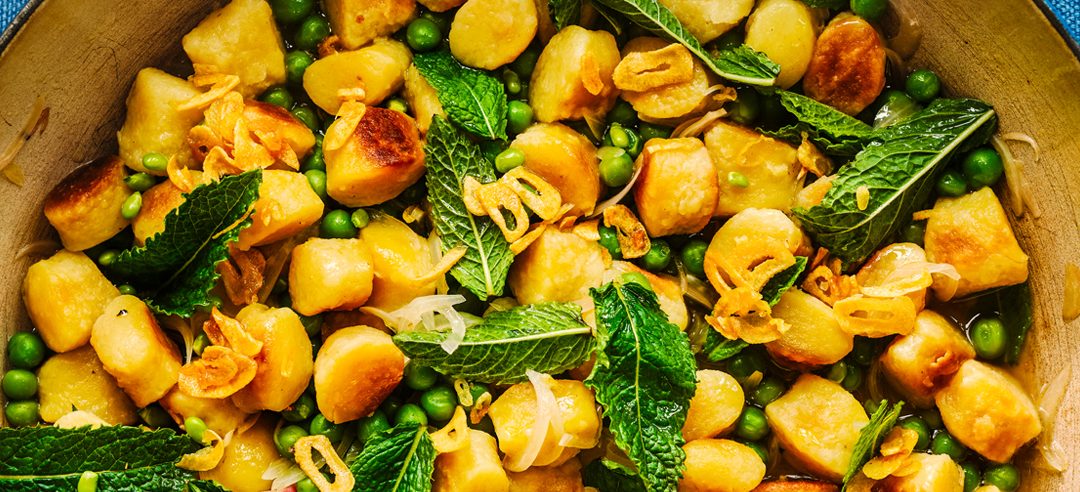 Anna Shepherd’s pea and potato gnocchi with crispy fried garlic butter