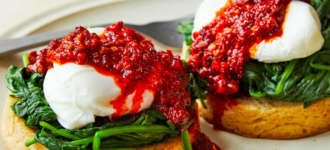 Ed Smith’s poached eggs with ‘nduja butter + spinach