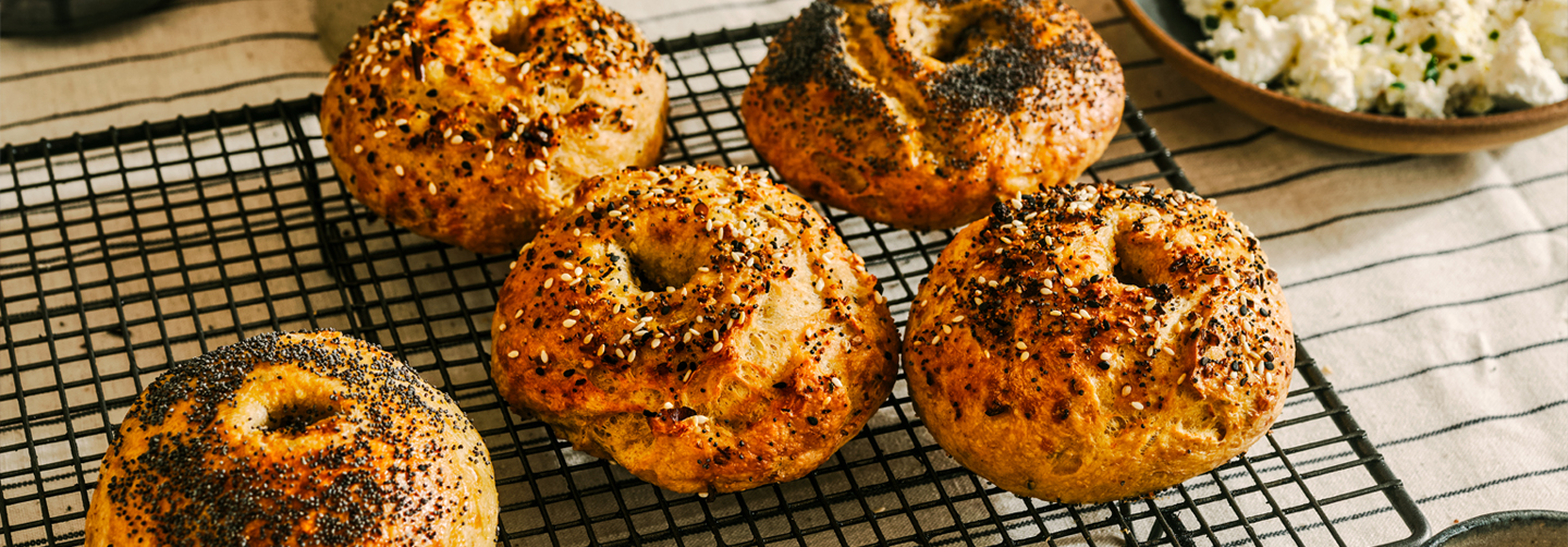 Cheesy potato and shallot bagels - Halen Môn Cheesy potato and shallot bagels - Halen Môn