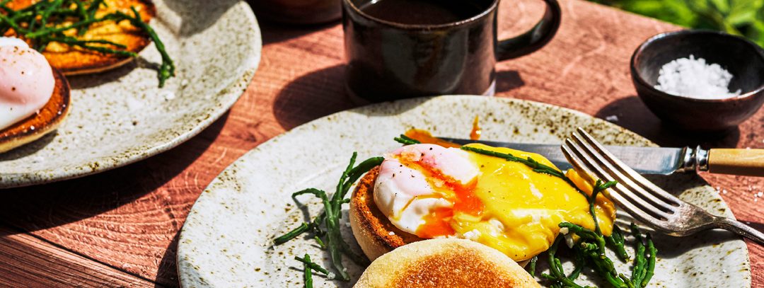 Samphire eggs hollandaise + English muffins