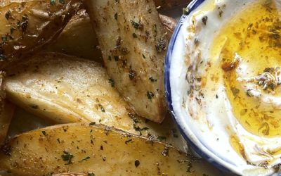Spiced potato wedges with feta yogurt dip