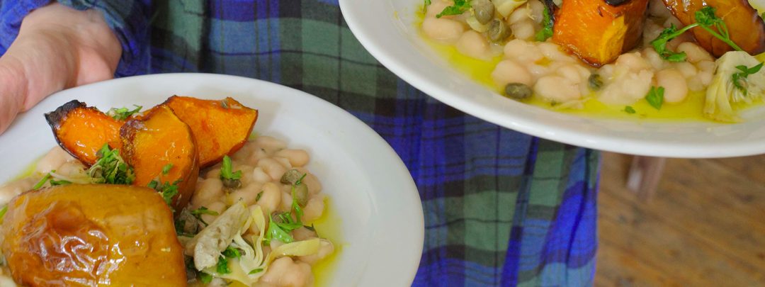 Jess Dennison’s roast pumpkin + wine-braised beans